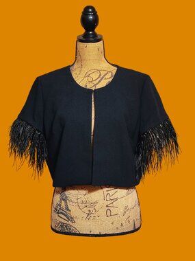 NWOT White House Black Market Ostrich Feather Trim Cropped Bolero Jacket Black L